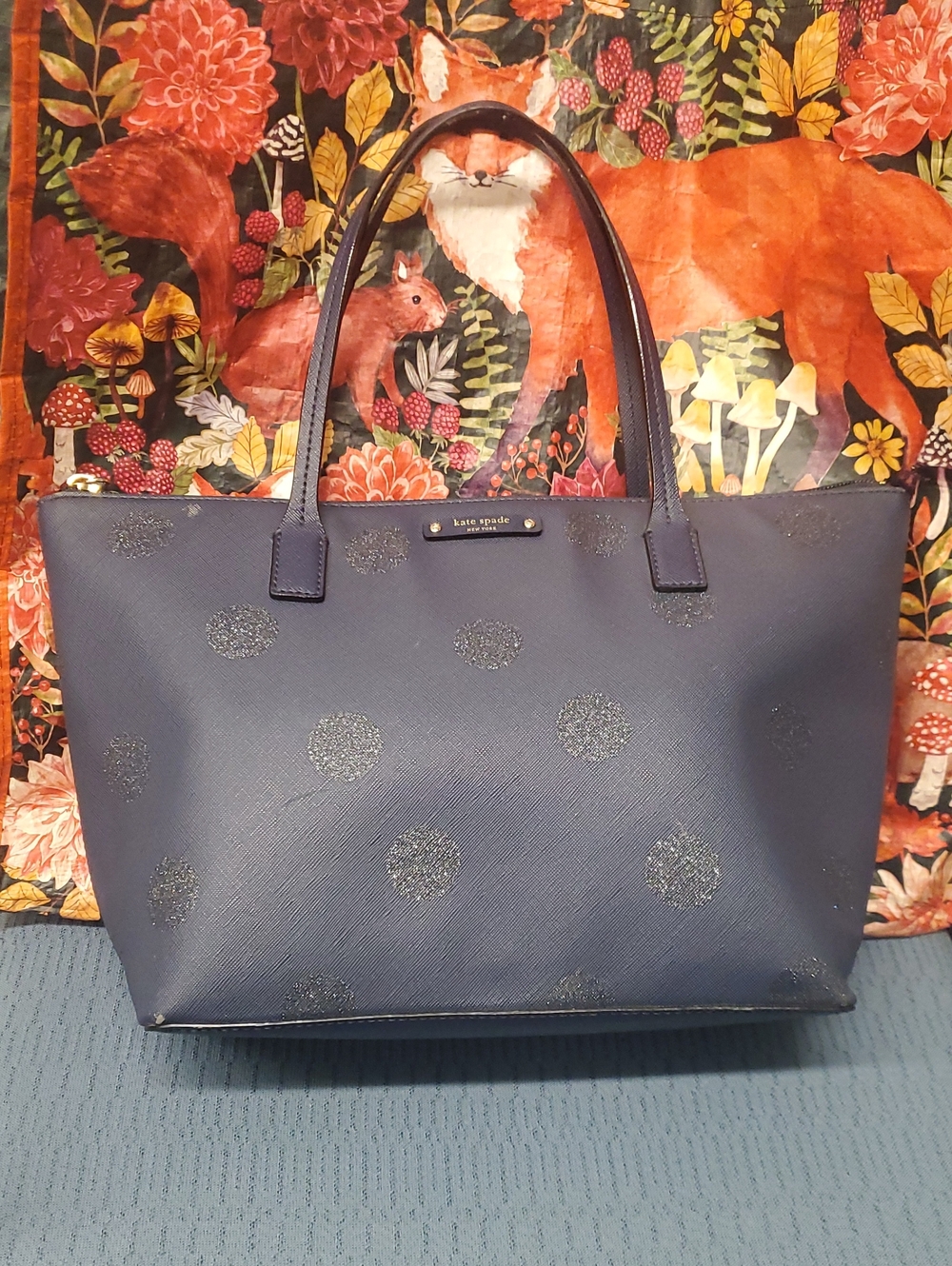 kate spade navy glitter polka dot tote
